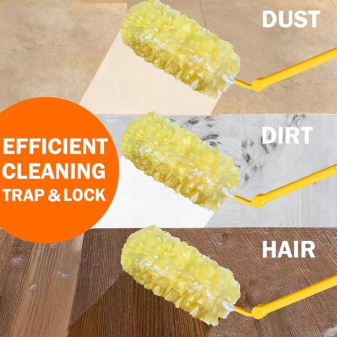 60 Heavy Duty Duster Refills for Swiffer Duster, 3 ft Extendable Handle + 1 Short Handle, Multisurface 360 Dusters kit for Dusting Furniture, Ceiling Fans, Blinds, Corners, Yellow