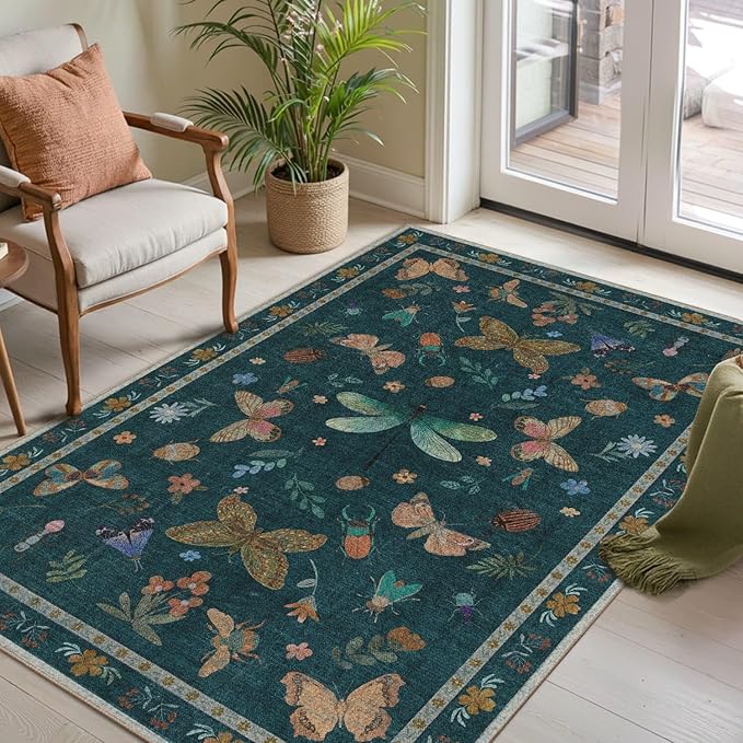 3x5 Rug for Entryway Bedroom, Green 3x5 Washable Area Rug, Floral Vintage Retro Boho Throw Rug, Non Slip & Low Pile Small Carpet for Indoor Kitchen, Bedside, Living Room, Bathroom and Dining