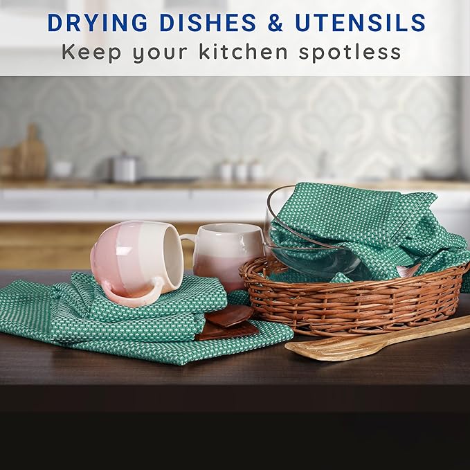 TWINY threads Set of 6 Kitchen Dish Towels, 100% Cotton, 18x28 Inches, Soft & Absorbent Wash Cloths with Hanging Loop, Quick Drying, Washable Bar Towel for Table Cleaning - Turquoise Green