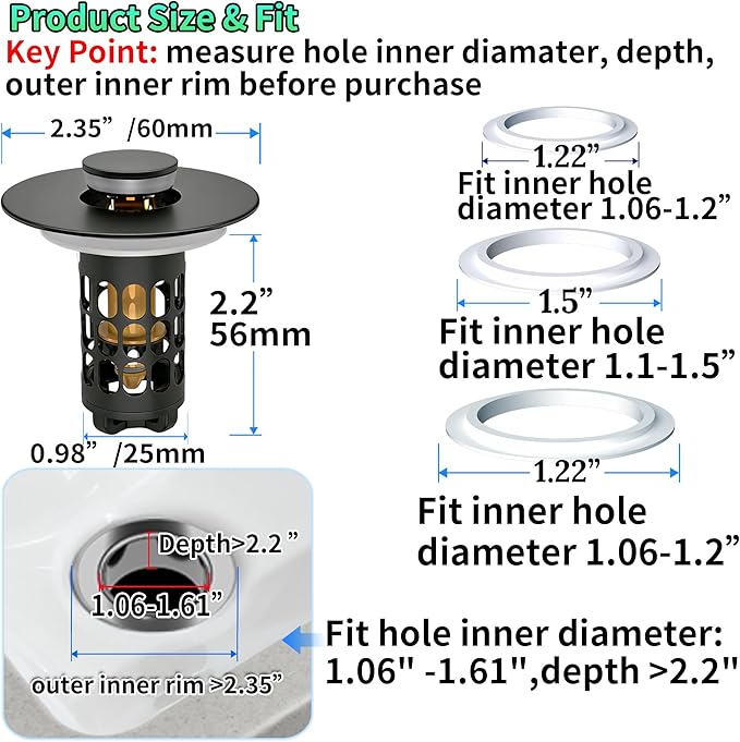 Sink Stopper Bathroom Drain,Universal Bathroom Sink Drain Strainer with Anti-Clogging Basket,Bathroom Sink Stopper Hair Catcher for 1.06"~1.61" Drain Hole