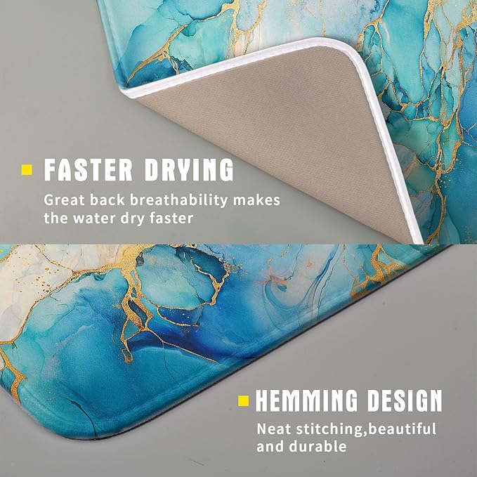 Marble Print Dish Drying Mat for Kitchen Counter,Blue Teal Turquoise Gold Drying Mat 16 x 18 Inch with Absorbent Reversible Microfiber Drying Pad for Coffee Bar