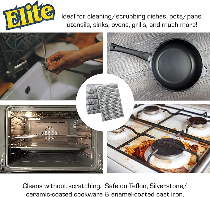 Elite Silver Scrubber Sponge, 6 Pack, Non Scratch, Sponges for Kitchen and Household Use, Made in USA (Regular)