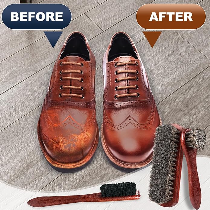 4-Piece Horsehair Shoe Brush Shine Kit - Horse Hair Brush for Leather, Premium Shoe Polish brush, Leather Shoe Boot Brushes for Cleaning and Polishing