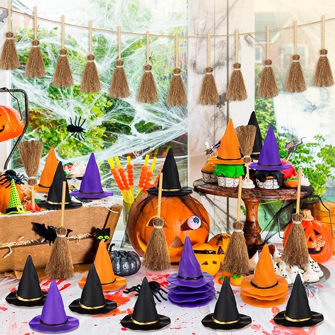 48 Pcs Mini Witch Hats and Broom for Crafts Halloween Wizard Accessories for Party Favors Decor (Black Purple Orange,1.97 Inches)