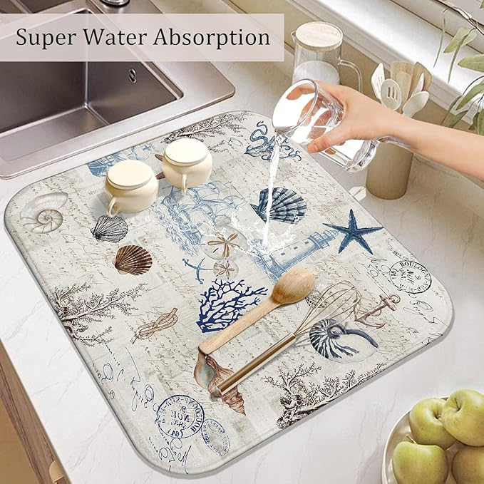 Ocean Dish Drying Mat for Kitchen Countert,Coastal Theme Farmhouse Style Microfiber Summer Drying Mat, Washable Absorbent Countertop Dish Draining Mat, 16×18 Inch
