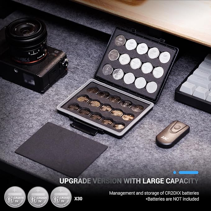 JJC CR2032 Battery Case Holder Storage, Water-Resistant Anti-Shock, Anti-Dust, Coin Cell Battery Case for 30x CR2032/CR2025/CR2045/CR2016, Button Round Batteries Holder
