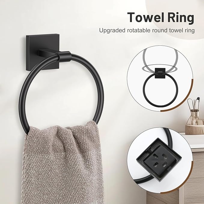 Towel Ring Set 4 Piece Bathroom Hardware Set Includes Towel Ring 2 Towel Hooks and Toilet Paper Holder Stainless Steel Wall Mounted (Matte Black)