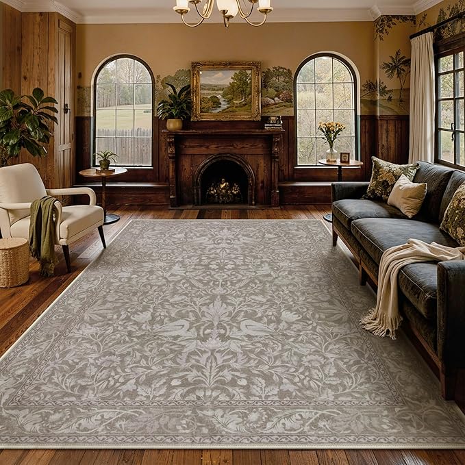 Lahome Bird 9x12 Rugs for Living Room Bedroom, Soft Vintage Washable Rug 9x12 Stain Resistant, Ultra-Thin Non-Slip Dining Room Rug Non-Shedding Carpet for Office,Hemp/Taupe