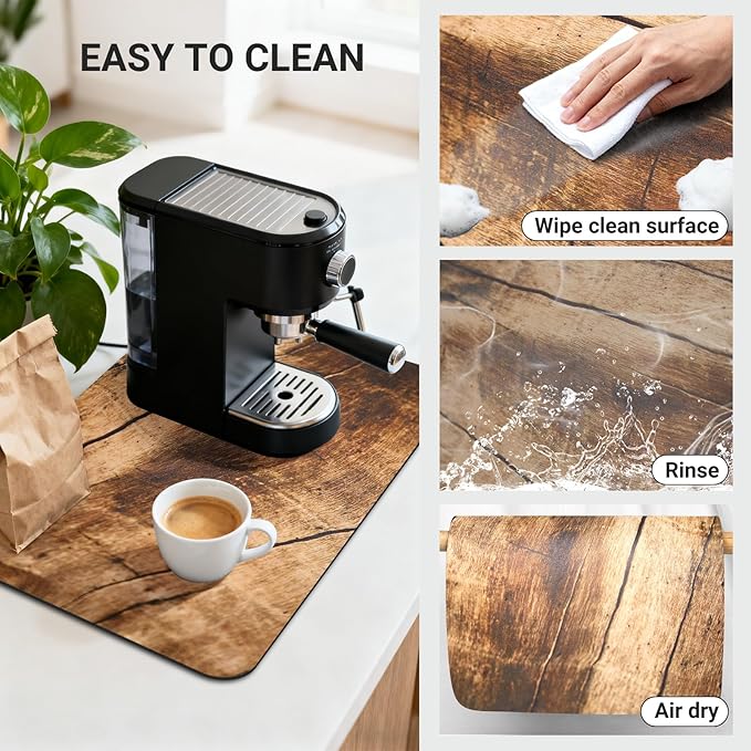 Dish Drying Mat 24x16 Inch, Wood Grain Cracks Design, Absorbent Hide Stain Rubber Backed Dish Drying Mat for Kitchen Counter, Mats for Countertops, Under Coffee Bar Maker Machine Pot Espresso Machine