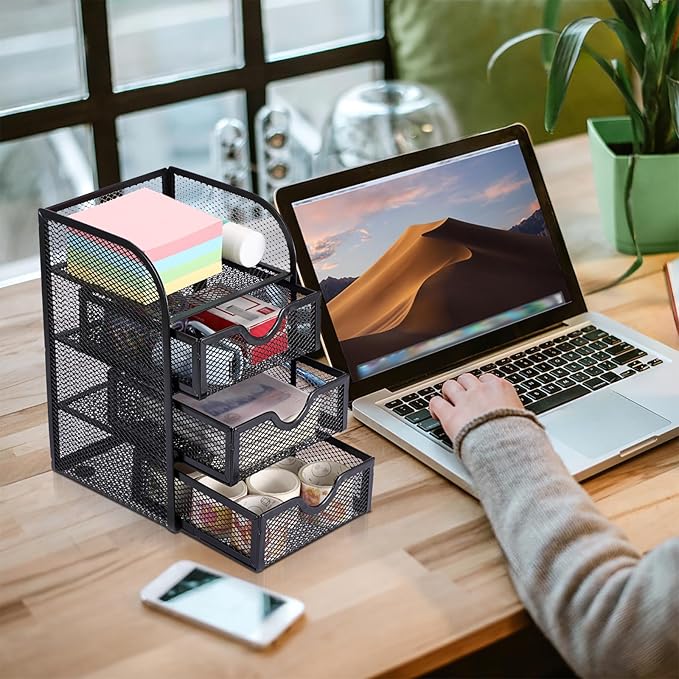 BTSKY Metal Mesh Battery Storage Organizer for AA, AAA, 9V, C Batteries, 3-Drawer Storage Box Battery Holder Organizer for Common Types Batteries, Household Container (Batteries Not Included)