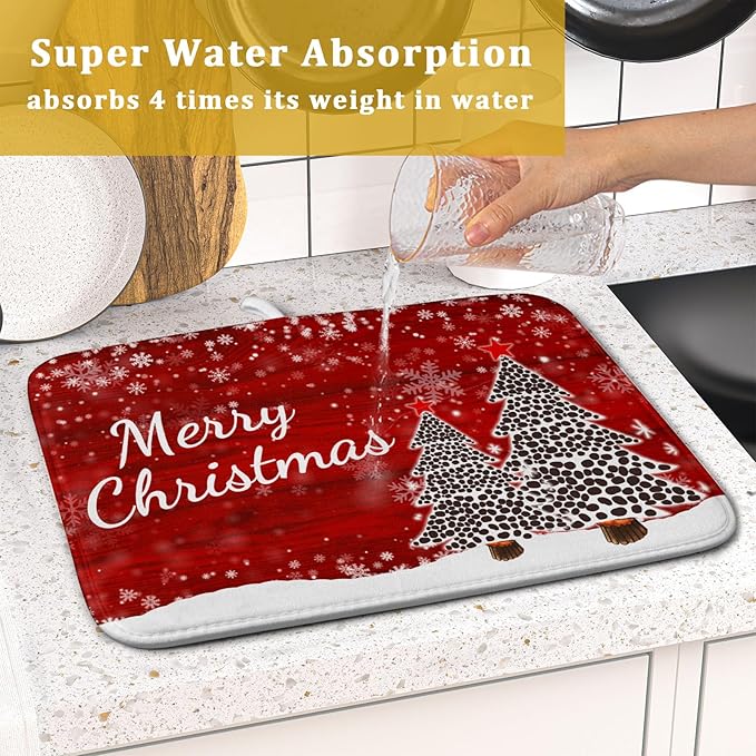 Merry Christmas Tree Red Dish Drying Mat for Kitchen Counter,Winter Snowflake Pine Drying Mat 16 x 18 Inch with Absorbent Reversible Microfiber Dish Drying Pad for Coffee Bar