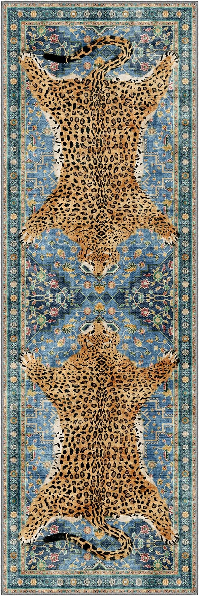 Bavni 2x6 Leopard Rug, Machine Washable Soft Cheetah Animal Print Runner Rug Non Slip Boho Low Pile Non-Shedding Hallway Print Woodland Jungle Carpet for Kitchen Entryway Nursery Bedroom,Blue