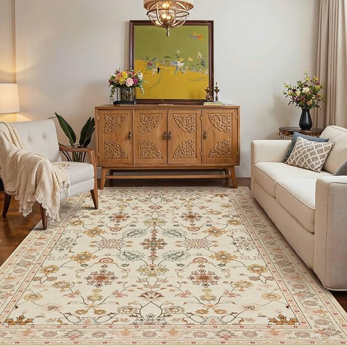 Floral Rug for Living Room Bedroom, 4x6 Washable Rug, Vintage Boho Area Rug, Large Non Slip & Low Pile Wool Carpet for Indoor Dining Room, Girls Room, Nursery Room and Kids Room(Apricot 4x6ft)