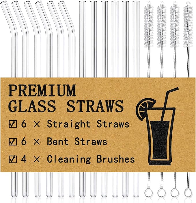 Piteno® 16-Pack Reusable Glass Straws Set, Clear Glass Drinking Straws, 8.5''x10MM, Set of 6 Straight and 6 Bent with 4 Cleaning Brushes, Perfect for Smoothies, Milkshakes, Juice, Tea