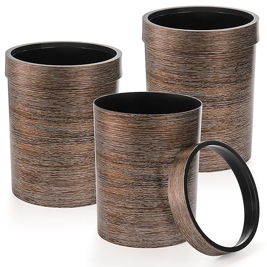 3 Pack Vintage Small Trash Can, 1.7 Gallon Plastic Round Wastebasket, Hipsteen Retro Style Garbage Can, Wood Grain Garbage Bin with Top Ring to Fix Bag for Home Kitchen Office Bathroom