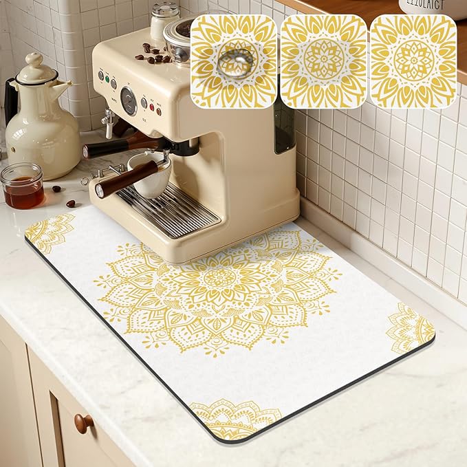 Yamaziot Boho Coffee Mat 12"x20", Floral Dish Drying Mat for Kitchen Counter, Non Slip Coffee Bar Accessories Espresso Machine Dish Rack