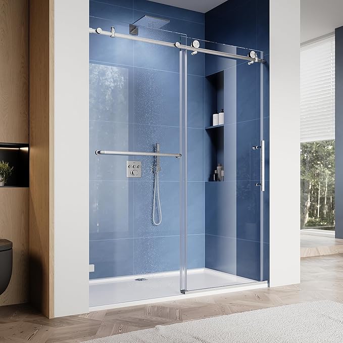 SUNNY SHOWER Frameless Shower Door 60" W x 79" H, Single Sliding Shower Glass Door, 5/16" Tempered Glass, Bathroom Sliding Door in Brushed Nickel