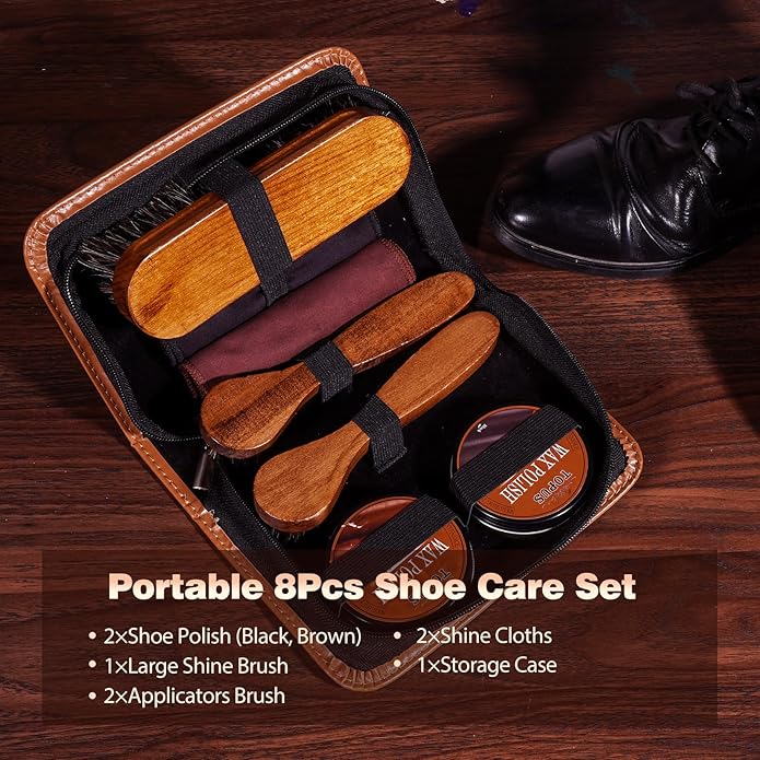 Topus 8 Pieces Shoe Polish Kit, Includes 2Pcs 1.4Oz Brown Shoe Wax, 3 Pieces Horsehair Boots Brushes, 2Pcs Shine Cloths