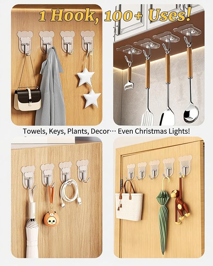 10 Pcs Heavy Duty Adhesive Hooks 10lb Max - Transparent Waterproof Sticky Wall Hooks for Bathroom, Shower, Kitchen, Office - No Damage Self Adhesive Hanging for Towels, Coats, Keys & Home Decor