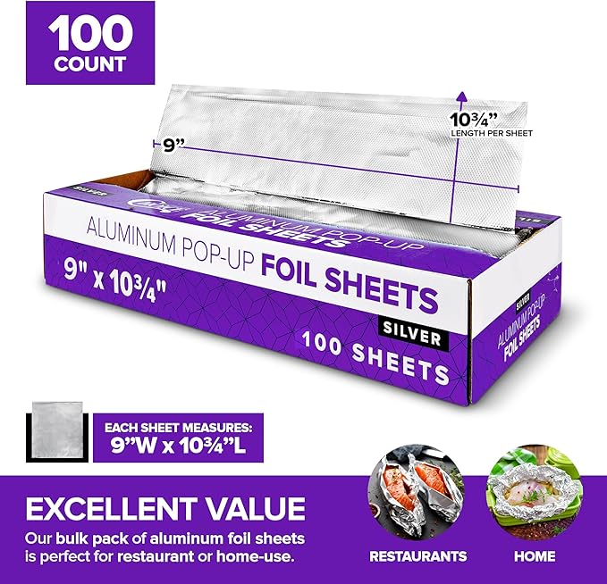 Pre-Cut Deli Aluminum Foil Sheets,100 Count - Heavy Duty 9x10' Pop Up Sheet for Burrito, Hot Dogs & Sandwiches