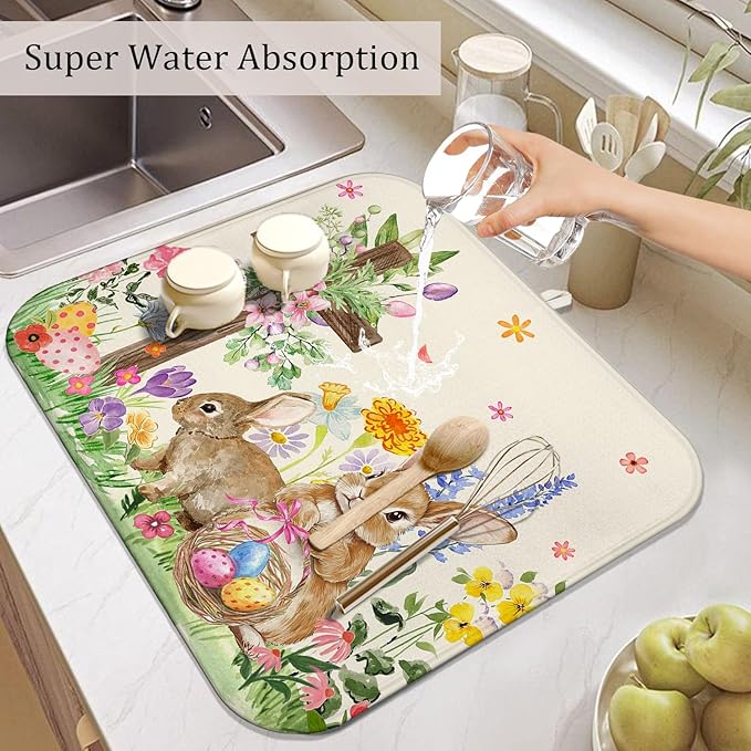 Easter Dish Drying Mat for Kitchen Counter,Cute Bunny Spring Florals Microfiber Drying Mat,Washable Absorbent Kitchen Countertop Dish Mat Drain Pad 16×18 Inch