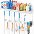 Broom Holder Wall Mount with Cleaning Supplies Organizer, Laundry Room Organization and Storage Shelf with Mop Hanger Rack Gripper Hooks, Utility Shelf Closet Organizer Floating Shelves for Garage