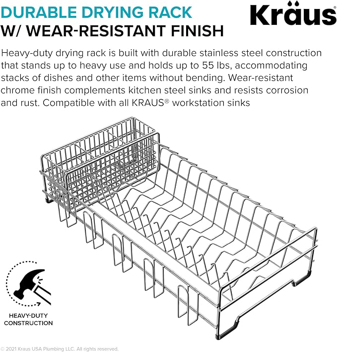 Kraus Workstation Kitchen Sink Dish Drying Rack Drainer and Utensil Holder, 17" L x 9" W, Stainless Steel, KDR-3