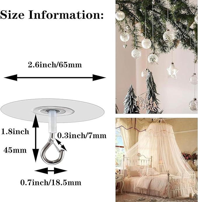 Adhesive Ceiling Hook - Weight-Bearing Stick-On Ceiling Hook, Sticky | Drill Free Hanging Hook with Safety Clasp, Water Resistant for Plants Chimes Storage