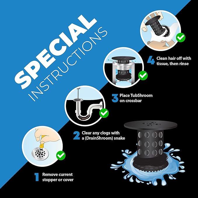 TubShroom Bathtub Drain Hair Catcher – in-Drain Tub Strainer & Clog Prevention Protector, Fits Standard 1.4”–1.75” Tub Drains, Easy Clean, Captures Human & Pet Hair Out of Sight (Matte Black)