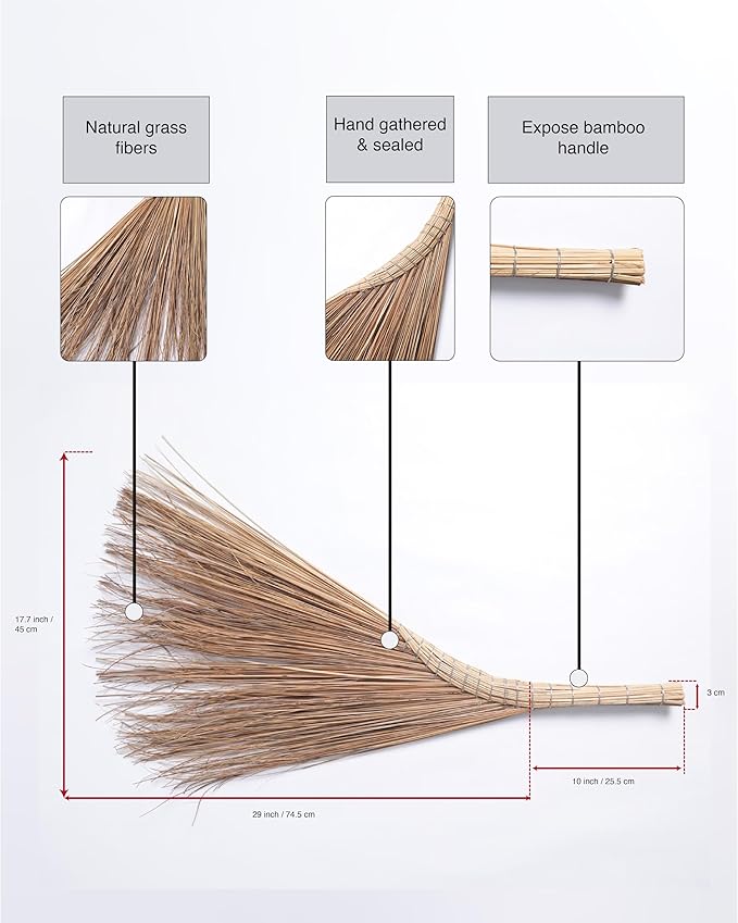 Vietnamese Natural Straw Broom/Handmade Coconut Leaf Broom for Outdoor, Patio, Driveway, Garden (45" Length)