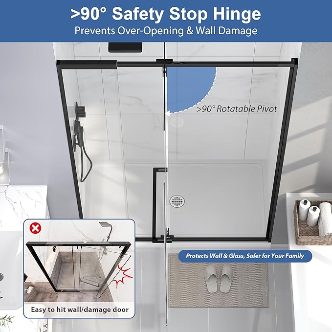 Semi Frameless Pivot Shower Door 42-48" W x 72" H, Swing Shower Glass Doors with Nano Explosion-Proof Film Tempered Glass 1/4"(6mm) Reversible Installtion, Matte Black Finish