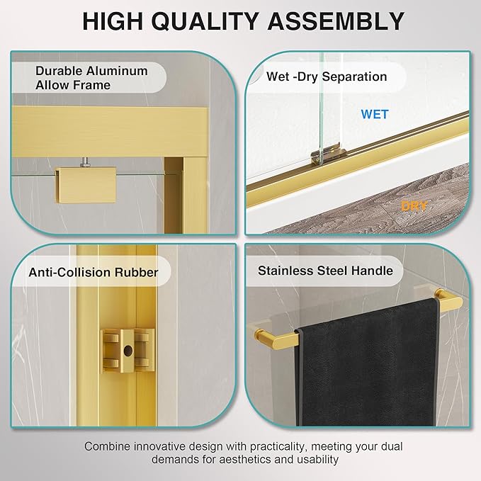 KPUY Glass Shower Door, 61-66" W x 76" H Semi-Frameless Double Sliding Shower Door, 1/4" (6mm) Thick Tempered Clear Glass with Explosion-Proof Film Nano Coating, Brushed Gold