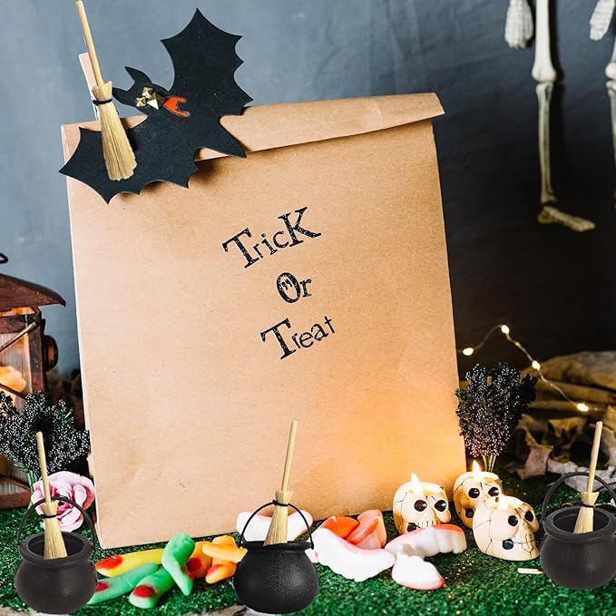 Mini Plastic Cauldron and Mini Broom Halloween Decorations Witch Pot Black Buckets for Halloween Party Birthday St.Patrick's Day, DIY Crafts Accessories (6Pcs Black Buckets+6Pcs Broom Sticks）