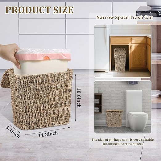 Wicker Waste Basket with Lid and Liner, Woven Seagrass Trash Can, Bathroom Trash Can, Boho Garbage Wastebasket for Bedroom Home Living Room Office Kitchen, 2.5 Gallon