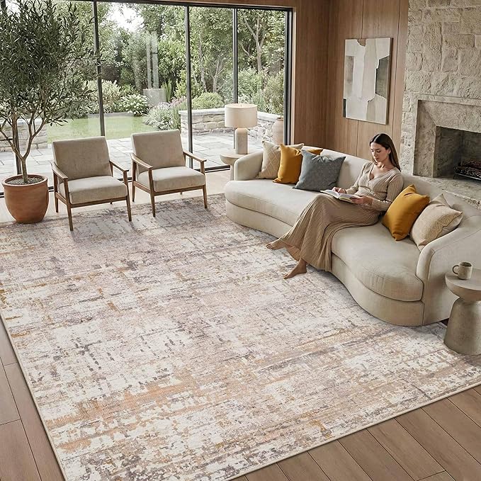 8x10 Modern Abstract Area Rugs,Large Soft Rugs for Living Room,Neutral Washable Rug,Beige Rugs for Bedroom Dining Room, Non-Slip Foldable Thin Indoor Carpet, Stain Resistant(Beige Grey)