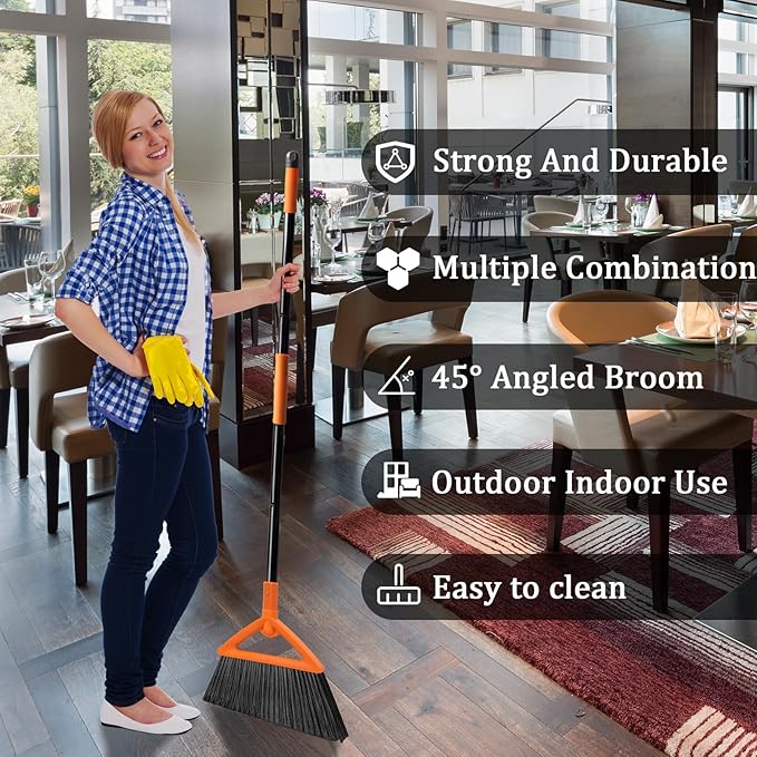 Heavy Duty Angle Broom 1 Pack - Orange Broom for Outdoor & Indoor, Garage, Driveway, Sidewalk, Kitchen & More, Long Handle