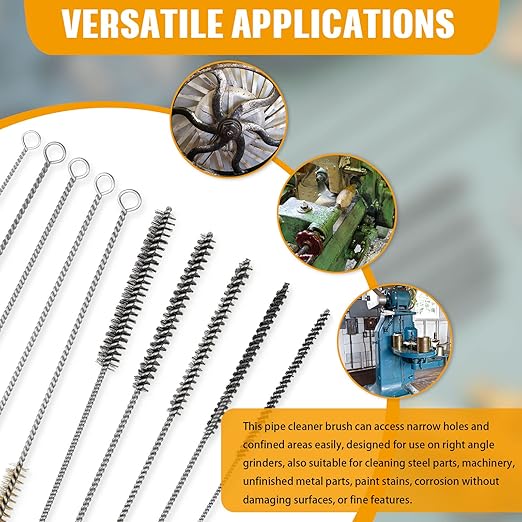 10 Pieces Wire Tube Brushes Bulk for Cleaning Pipe Tube Brass Stainless Steel Round Wire Brush for Auto Parts Christmas, Bottles, Tubes, 5 Sizes(Silver) (Silver Gold)