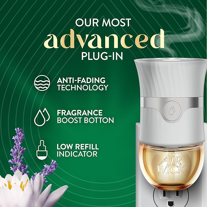 Air Wick Vibrant Plug In Scented Oil Refill, Infused with Essential Oils, Plug In Air Fresheners for Home, Lavender & Waterlily, 4 ct