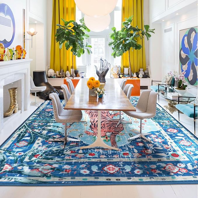 Blue Cheetah Rug 10x8 FT Boho Leopard Vintage Tropical Jungle Animal Rug Aesthetic Rugs for Girls Room Living Room Bedroom Home Office Thin Animal Colorful Funky Carpet