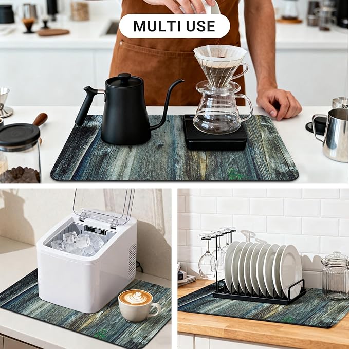 Appliance Mat 24x16 Inch, Wood Grain Panel Design, Absorbent Hide Stain Rubber Backed Dish Drying Mat for Kitchen Counter, Bar Mats for Countertops, Under Coffee Bar Maker Machine Pot Espresso Machine