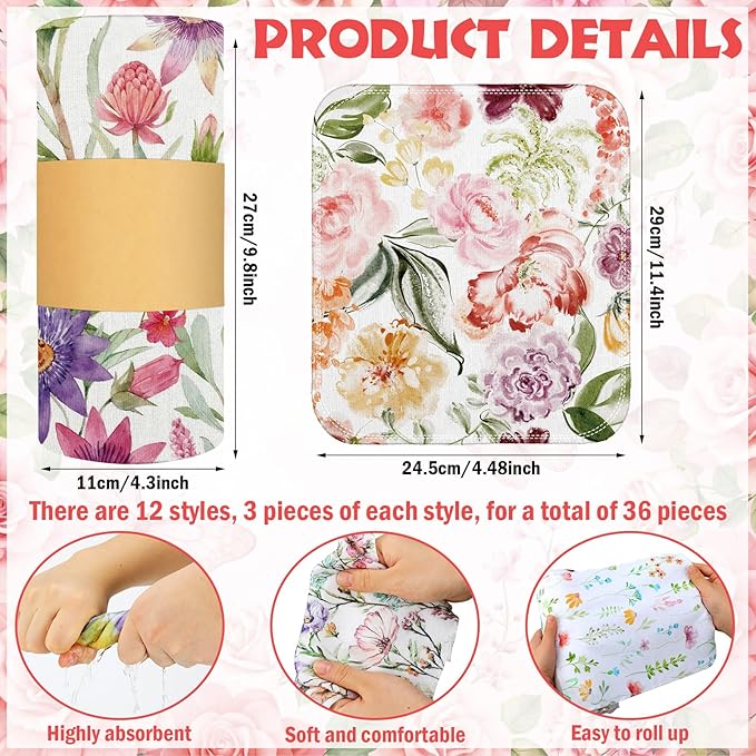 Tinlade 36 Pack Wildflower Reusable Cleaning Cloths Washable Kitchen Towels Bulk Absorbent Cotton Dish Towels for Home Cleaning Kitchen Spring Decor