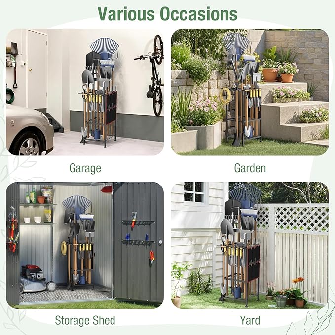 Garden Tool Organizer,Metal Yard Tool Organizer ,Holds 50 Long-Handled Tools/Rakes/Brooms,Side Garden Pocket ,Heavy Duty Steel Yard Tool Storage Rack for Garage,Shed, Outdoor