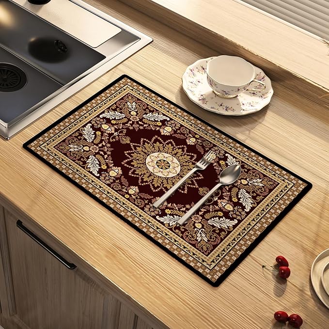 Dish Drying Mat Bohemian Absorbent Coffee Mat Rubber Backed Moroccan Soft Silicone Kitchen Dish Draining Mat for Kitchen Bathroom Coffee Bar (Moroccan, 16 x 24 Inches)
