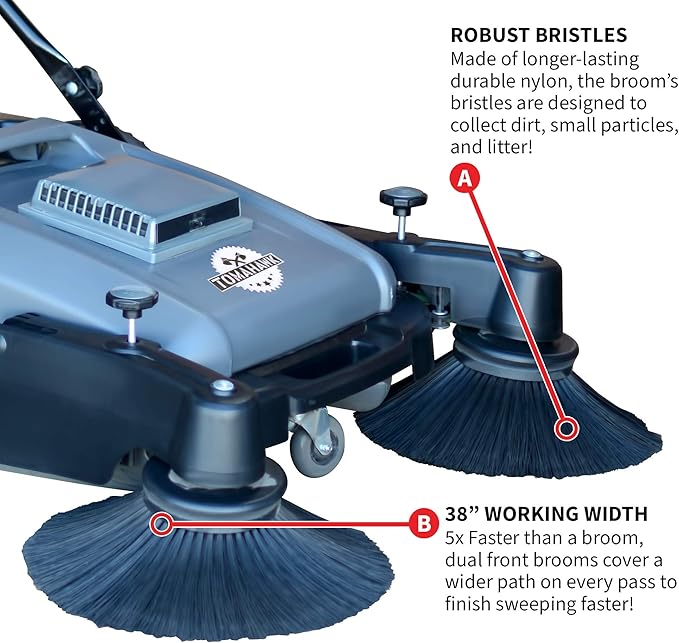 Tomahawk Industrial 38" Walk Behind Push Sweeper with Triple Power Side Brooms Floor Cleaning of Dust Litter Grass