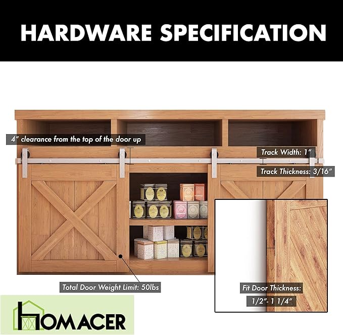 Homacer Mini Brushed Nickel Non-Bypass Sliding Barn Door Hardware Kit, for Two/Double Doors, 54-inch Long Flat Track, Classic Design Roller, Cabinet TV Stand Console Use…