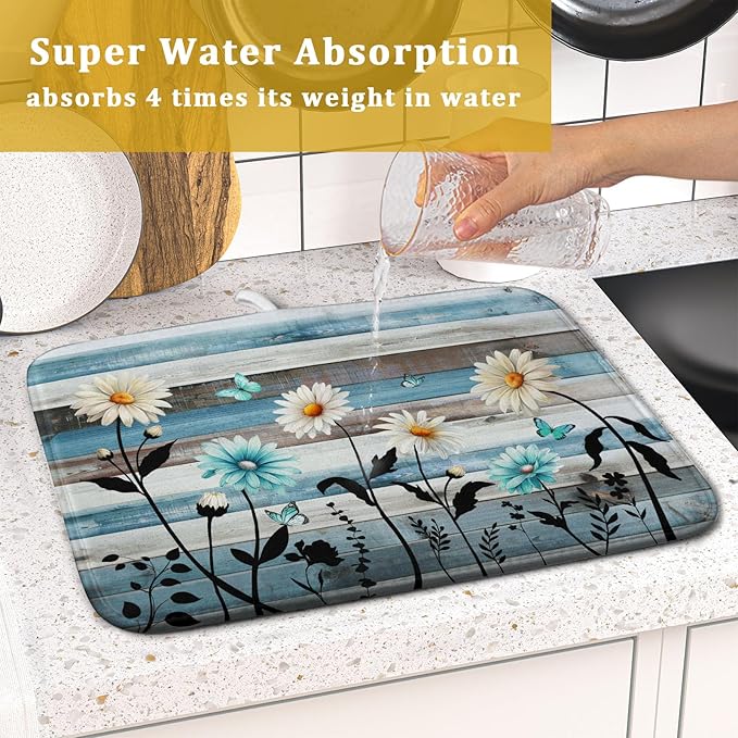 Blue White Daisy Floral Dish Drying Mat for Kitchen Counter,Sprinng Rustic Wood Drying Mat 16 x18 Inch with Absorbent Reversible Microfiber Drying Pad for Coffee Bar