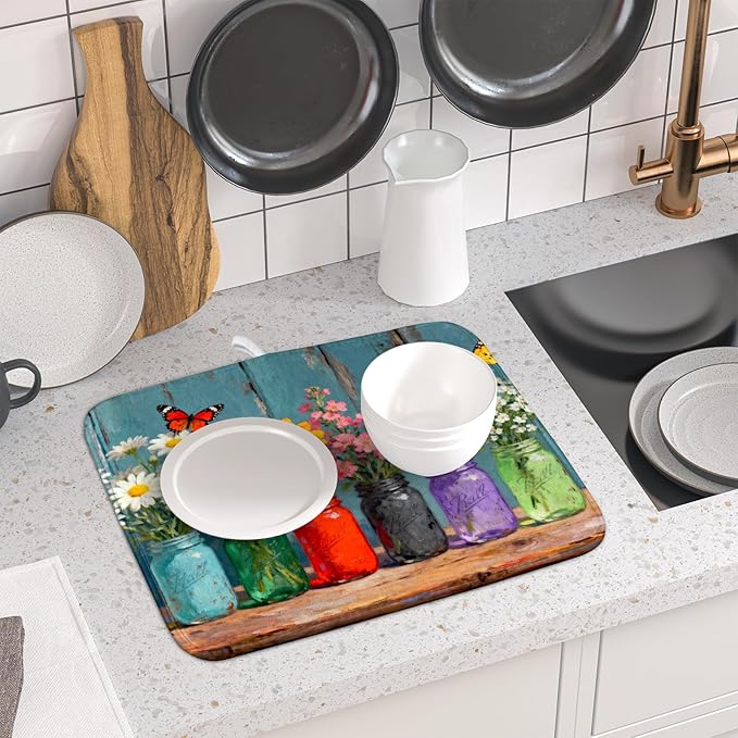Spring Summer Floral Dish Drying Mat for Kitchen Counter 16x18 Flower Bottle Butterfly Woodgrain Seasonal Absorbent Reversible Microfiber Drying Mats Kitchen Countertop Protector Dishes Drainer Pad