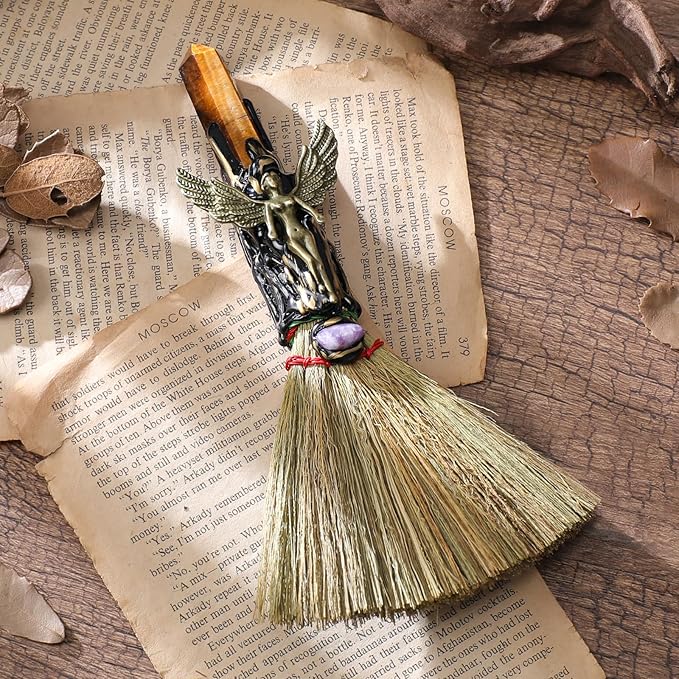 Witch Broom Witchcraft Supplies - Altar Supplies with Tiger Eye Stone Wiccan Stuff Goddess Magic Broomstick with Natural Healing Crystals Hexagonal Points Pagan Reiki Energy Clearing Decor