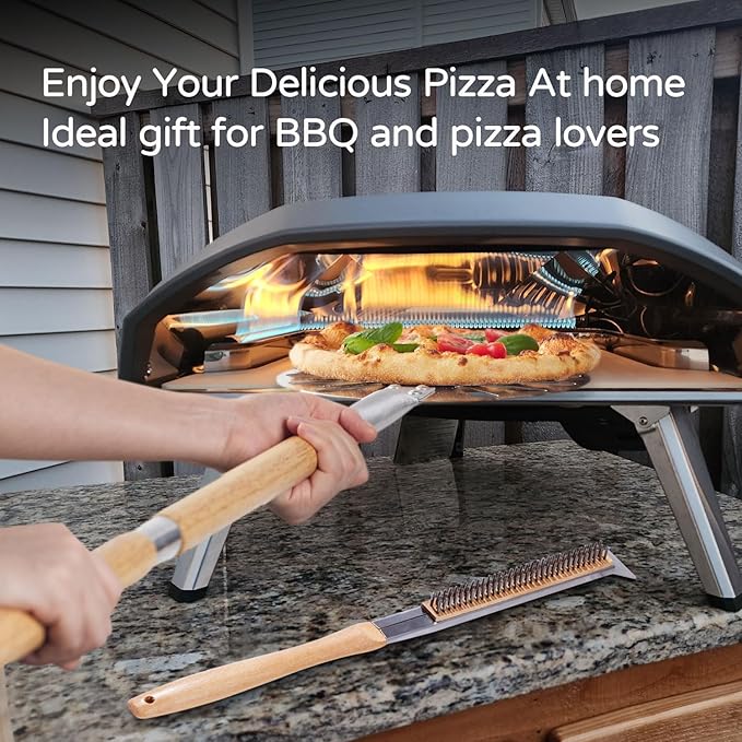 Pizza Oven Brush, 20 Inch Grill Cleaning Brush with Scraper, Heat Resistant Stainless Steel Bristles, Beech Wood Handle, 2 in 1 Pizza Stones Brush, Ourdoor pizza oven accessories