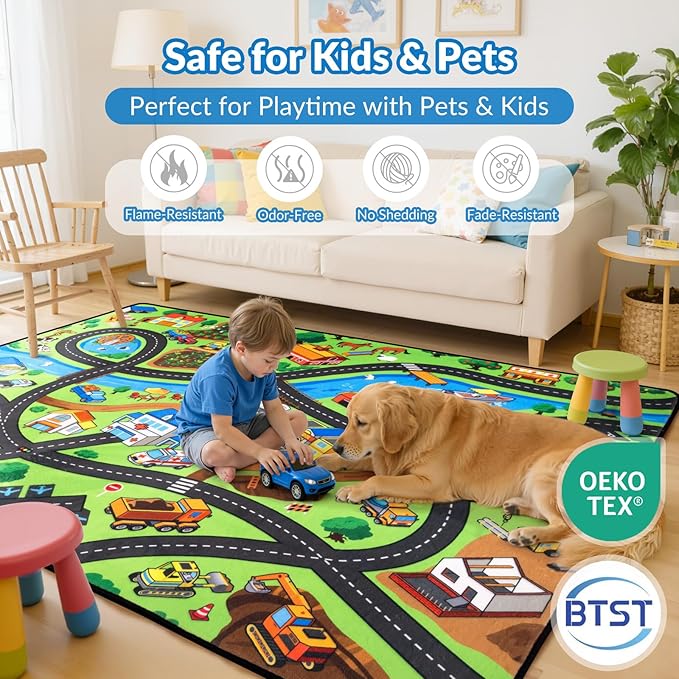 Kids Rug, 3x5 Ft City Farm Play Rug for Children, Extra Thick (0.4in) Car Carpet Play Mat with Bright Colors, Soft & Non-Slip Toy Car Mats with Roads for Kids Room, Playroom and Nursery